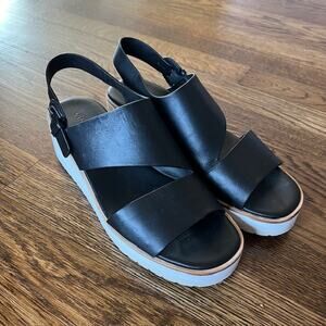 Vince Shelby Wedge Sandal Womens US8/EU38 Black Leather Adjustable Strap OpenToe